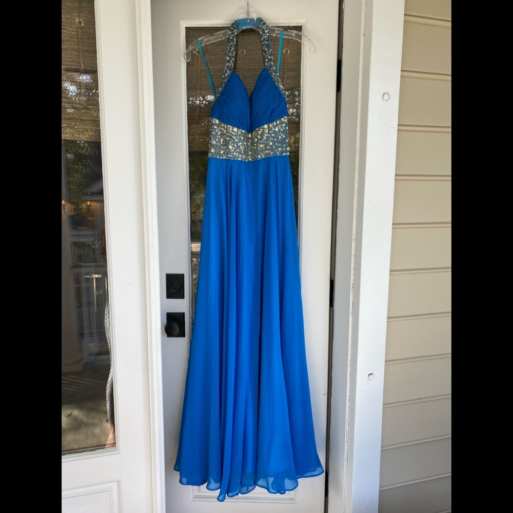 Blue halter prom dress with sequins